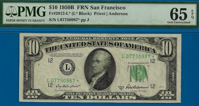 Near TOP POP - 1950-B $10 FRN (( 3rd Finest - San Francisco STAR )) PMG 65EPQ