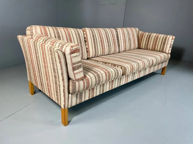 EB5223 Vintage Danish Mid Century Large 3 Seat Sofa, Striped Cotton, Retro M3SS