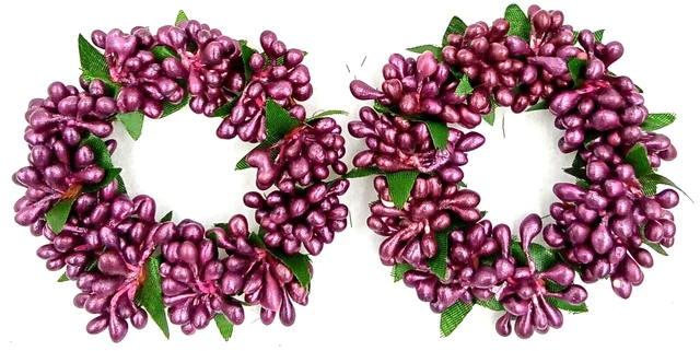 Purple Pip Berries Candle Rings Round Green Leaf Brown Wire 2.5" Ring Set of 2