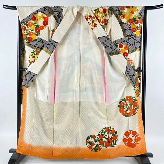 Japanese Kimono Furisode Pure Silk Gold paint  Embroidery Cream Color 3
