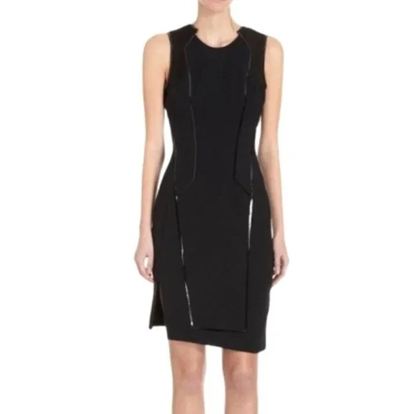 Helmut Lang Dress Women Extra Small Black Leather Trim Asymmetric Hem Sheath