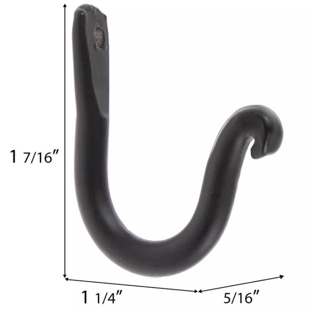 2 Amish forged black wrought iron wall J hooks w/ screws - strong sturdy metal 3
