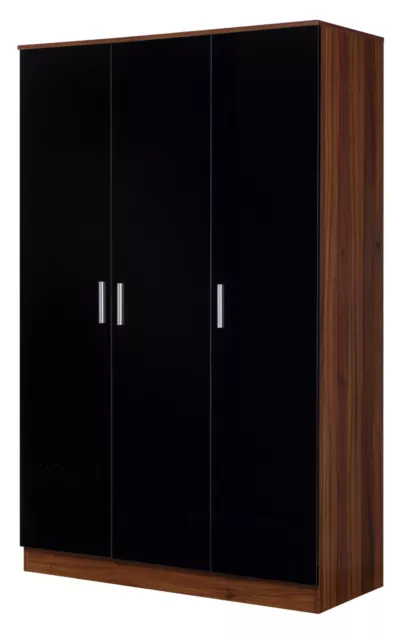 REFLECT 3 Door Soft Close Plain Modern Storage Wardrobe in Gloss Black / Walnut