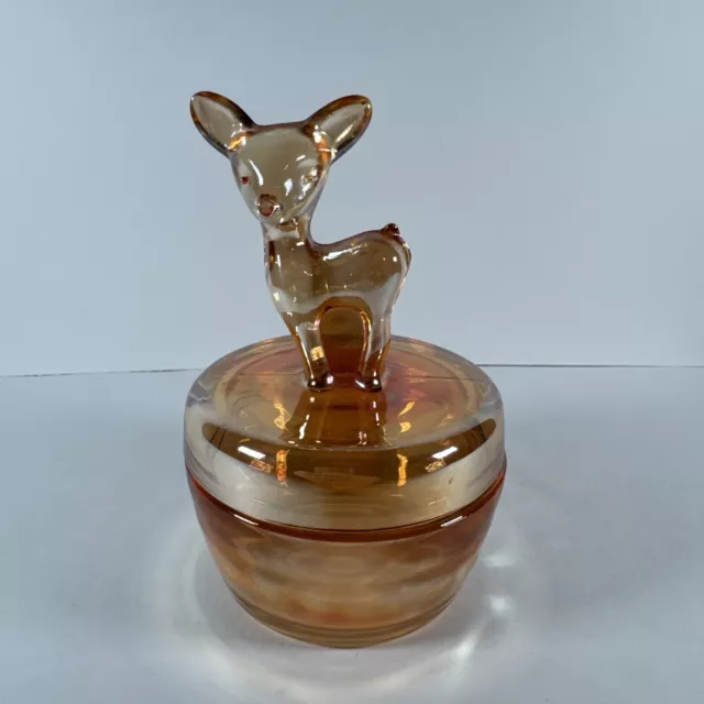 Vintage Jeanette Marigold Carnival Glass Powder Trinket  Dish with Fawn Deer