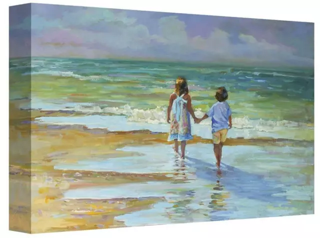 Canvas Print Wall Art Of Children Walking On Beach Seaside Picture Painting