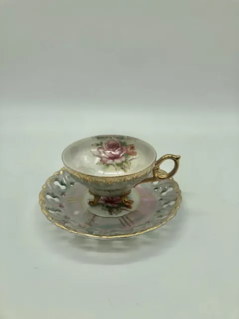 VTG Royal Sealy Japan Roses Gold Trim 3 Footed Tea Cup Pierced China Saucer