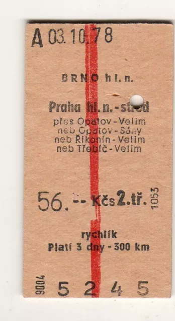 Railway  ticket Czech : Brno - Praha 1978