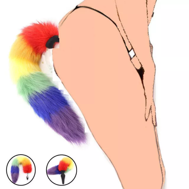 Rainbow Fur Faux Fox Stainless Steel /Silicone Plug Cosplay Romance Bondage