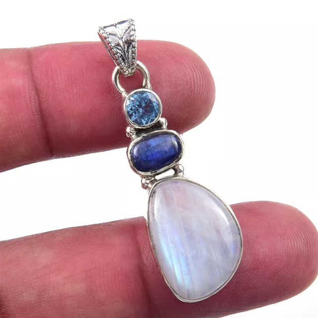 Natural Rainbow Moonstone, Kyanite 925 Solid Sterling Silver Pendant 1.75''