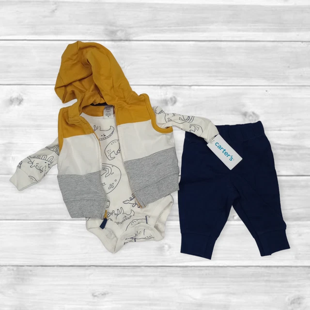 Carters Baby Boy 3 Piece Striped Vest Dinosaur Set NWT- Size 3 Mo
