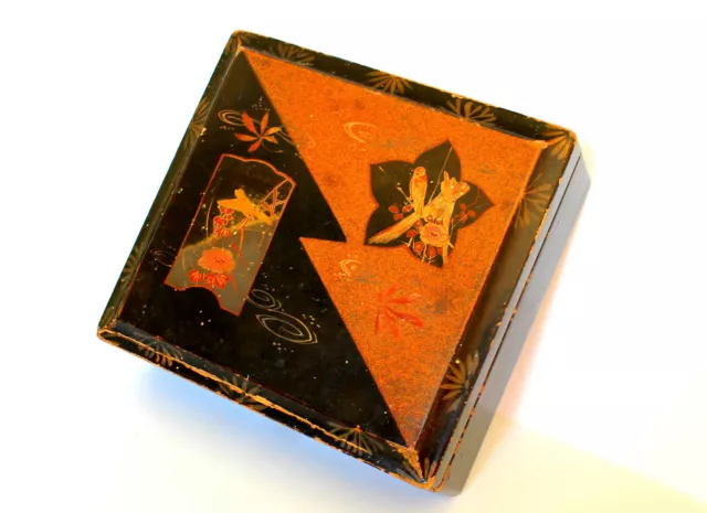 COFFRET BOITE EN BOIS LAQUÉ NOIR & DORÉ - OISEAUX MOINEAUX CHINE 20x18x7,5cm BOX