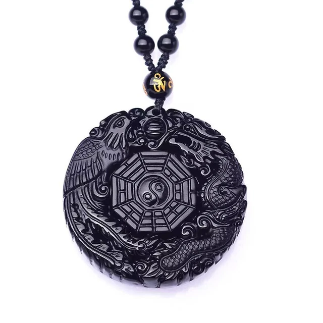 Natural black obsidian Dragon and phoenix crystal necklace Amulet pendant