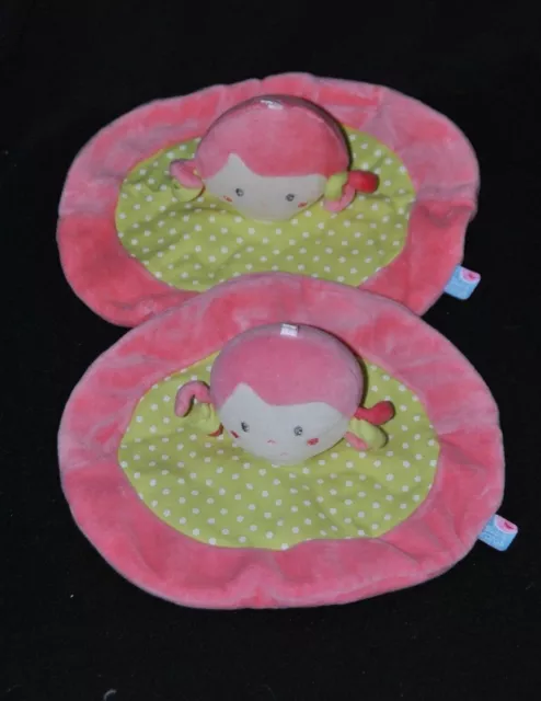 Lot 2 peluche doudou poupée fille plat rond SUCRE D'ORGE rose vert à pois NEUF
