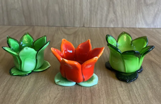 Hand Blown Votive Candle Holders Art Glass Red Green Tulips Flower Set Of 3