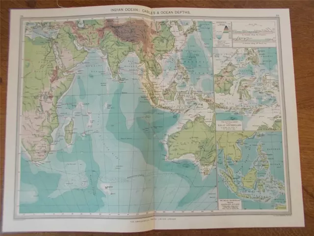 Antique c1904 Colour Map of INDIAN OCEAN Depths & Cables HARMSWORTH ATLAS