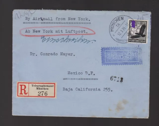 Brief DR EF Mi.537 per Luftpost und Einschreiben München nach Mexico 1939