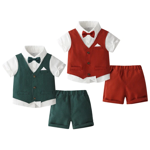 Toddler Boys Suit Party Gentleman Outfit Shirt Plaid Bowtie Fake Vest Shorts Set