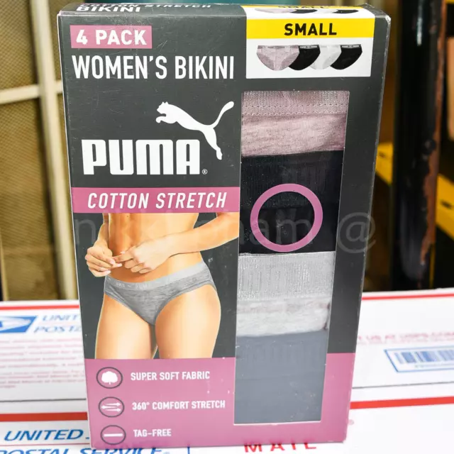 Puma Women's Girls Cotton Stretch Bikini 4-Pack Black Underwear