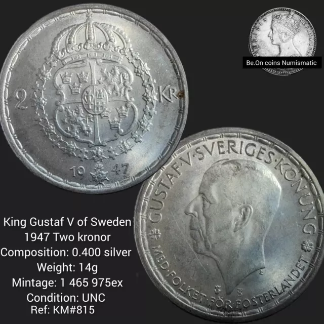 1947 Two Kronor Sweden - King Gustaf V of Sweden