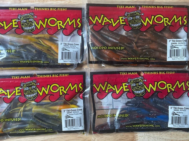 Lot 4 Wave Worms 3" Tiki Grass Craw Swirl Sweet Potato Pie Mulberry Wtrm Copper
