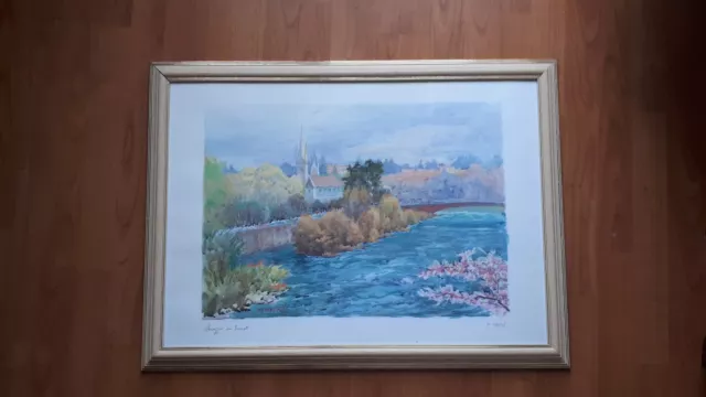 Peinture lithographie 78 x 58 " Paysage avec ruisseau " F - NERI