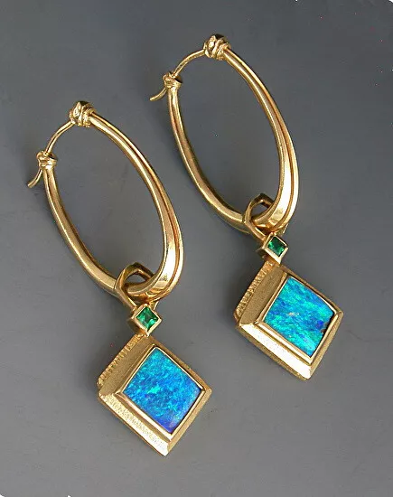 Women Jewelry Yellow Gold blue Fire Opal Ear Stud Hook Dangle Wedding Earrings