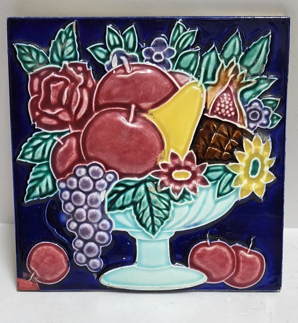 Antique Tile Japan Majolica Art Nouveau Porcelain Fruit Bowl Design Blue