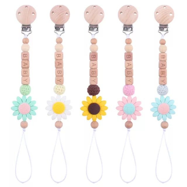 Personalised Dummy Clips Wooden Pacifier Clip Chain Sunflower Soother Toy Holder