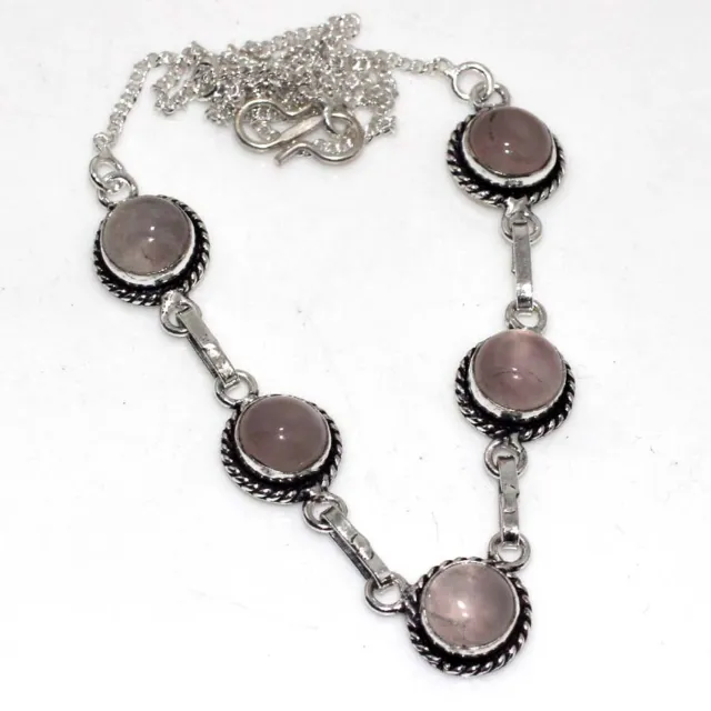 Rose Quartz 925 Silver Plated Gemstone Handmade Necklace 17" Birthday Gift GW