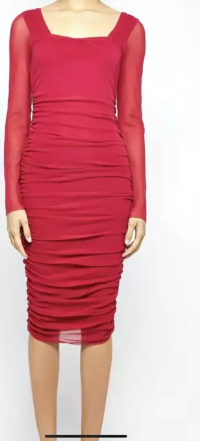 FUZZI Square Neck Body Con Midi Dress Ruched Cherry Red XL Italy NWT $595