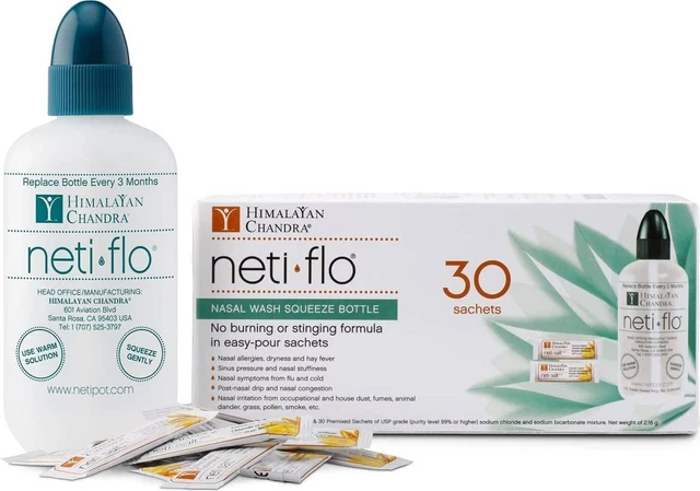 Botella de lavado nasal Neti Flo con 30 sobres del Instituto del Himalaya