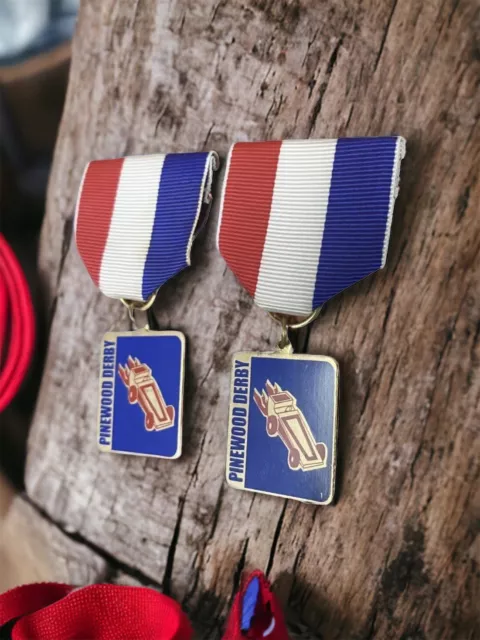 Boy Scouts Lot Of 2 Pinewood Derby Race Car Medals Medal Red Blue White