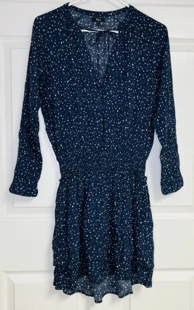 Rails Long Sleeve Tie Neck Mini Stars Dress Navy Blue White Size Small FLAW