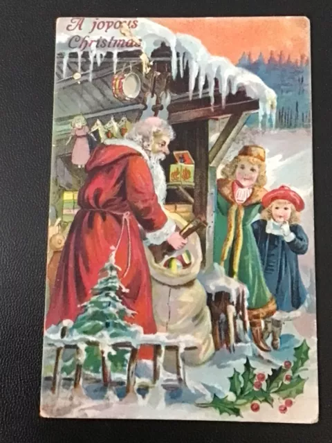 EARLY 1900s EMBOSSED CHRISTMAS GREETINGS PC - SANTA CLAUS & YOUNG CHILDREN