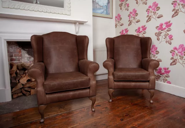 Pair of Chesterfield Queen Anne High Back Wing Chairs in Vintage Brown Leather