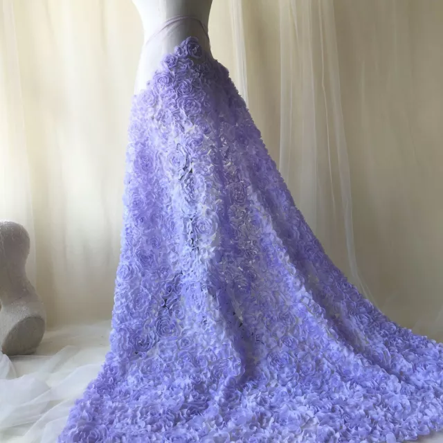 3D Rose Chiffon Evening Dress Lace Fabric Lavender Wedding Costume DIY Trim 0.5Y