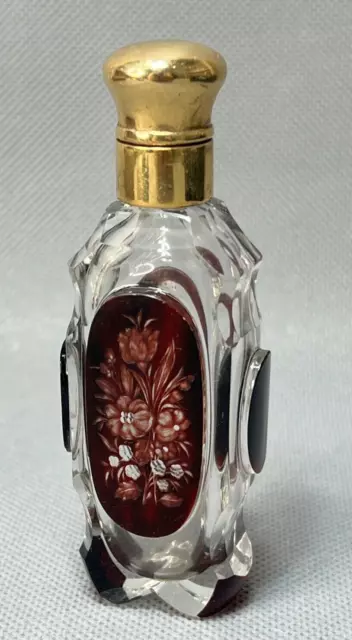 19c.Antique Victorian Faceted Cut Clear Ruby Crystal Glass Perfume Bottle Silver
