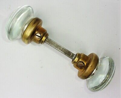 One Pair of Antique Vintage Clear Cristal Glass Round Door Knobs w/ Spindle