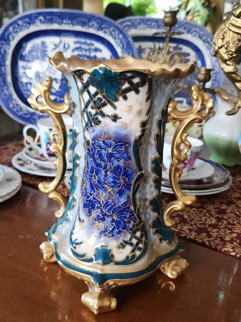 Very Rare Antique William Alsager Adderley & Co. Flow Blue Gold Gilded Footed...