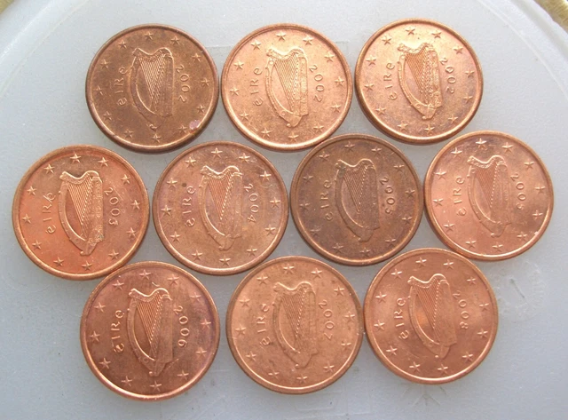 Ireland  10 coins 1 cent with errors die chip on numbers, letters, harp etc.