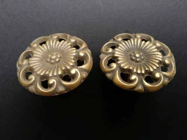 2 Antique Style  Solid Brass  ROUND KNOBS Ornate FLORAL 1-5/8" dia. #K24