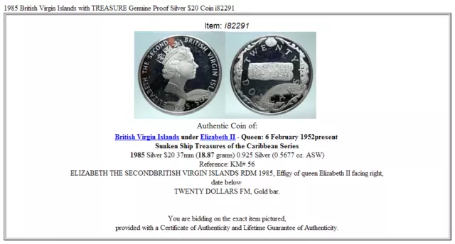 1985 British Virgin Islands with TREASURE Genuine Proof Silver $20 Coin i82291 3