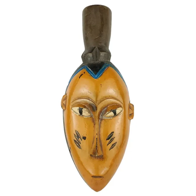 Vintage African Carved Wood Painted Mask Blue Orange Tribe Tribal Carving 13.5"