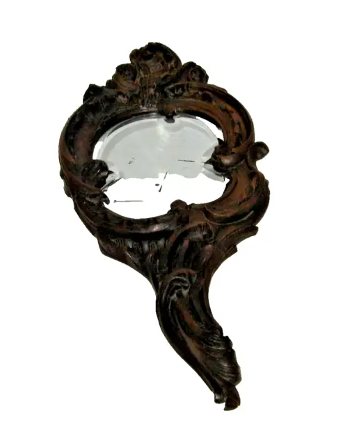 Ancien miroir face à main en bois sculpté glace biseautée