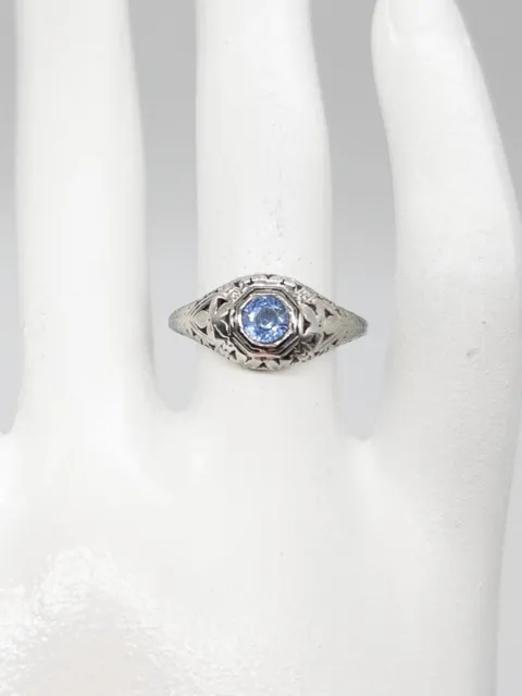Antique 1920s .75ct Ceylon Blue Sapphire 18k White Gold Platinum Filigree Ring