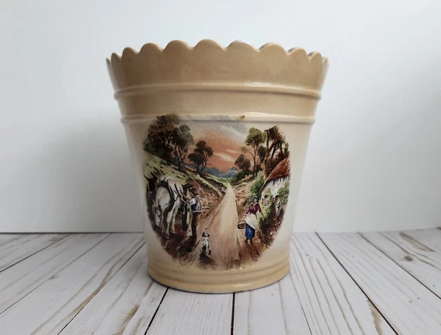 Vintage Ivory and Beige Ceramic Painted Farmhouse Planter Pot w/ Warm Colors