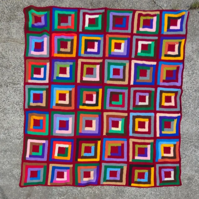 Vintage Handmade Afghan Knit Rainbow Squares Blanket Unique 70s