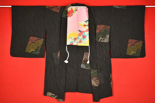 Vintage Japanese Kimono Silk Antique BORO Black HAORI Kusakizome Woven/B770/580