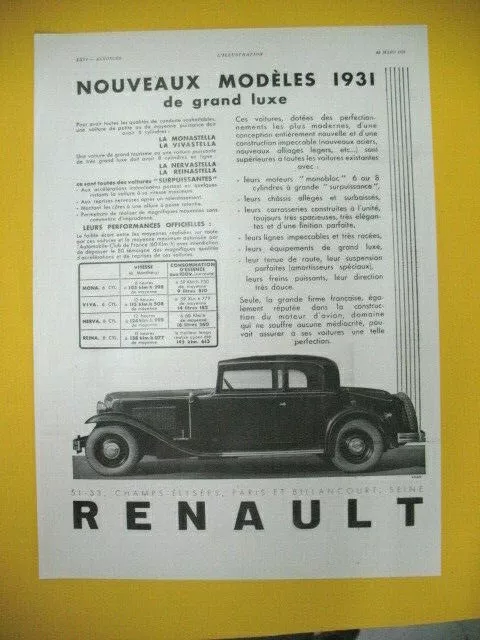 Publicite De Presse Renault Automobile Nouveaux Modeles De  Grand Luxe 1931