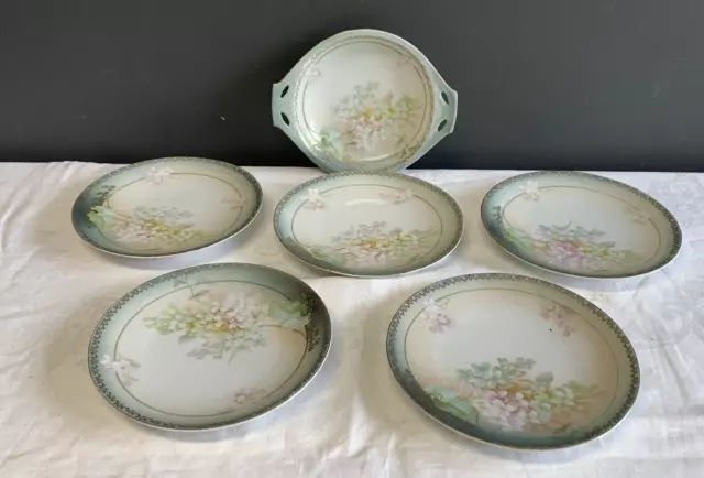 RS Tillowitz Silesia Porcelain Oval Dish Handles & 5 Plates, Hand Painted Floral